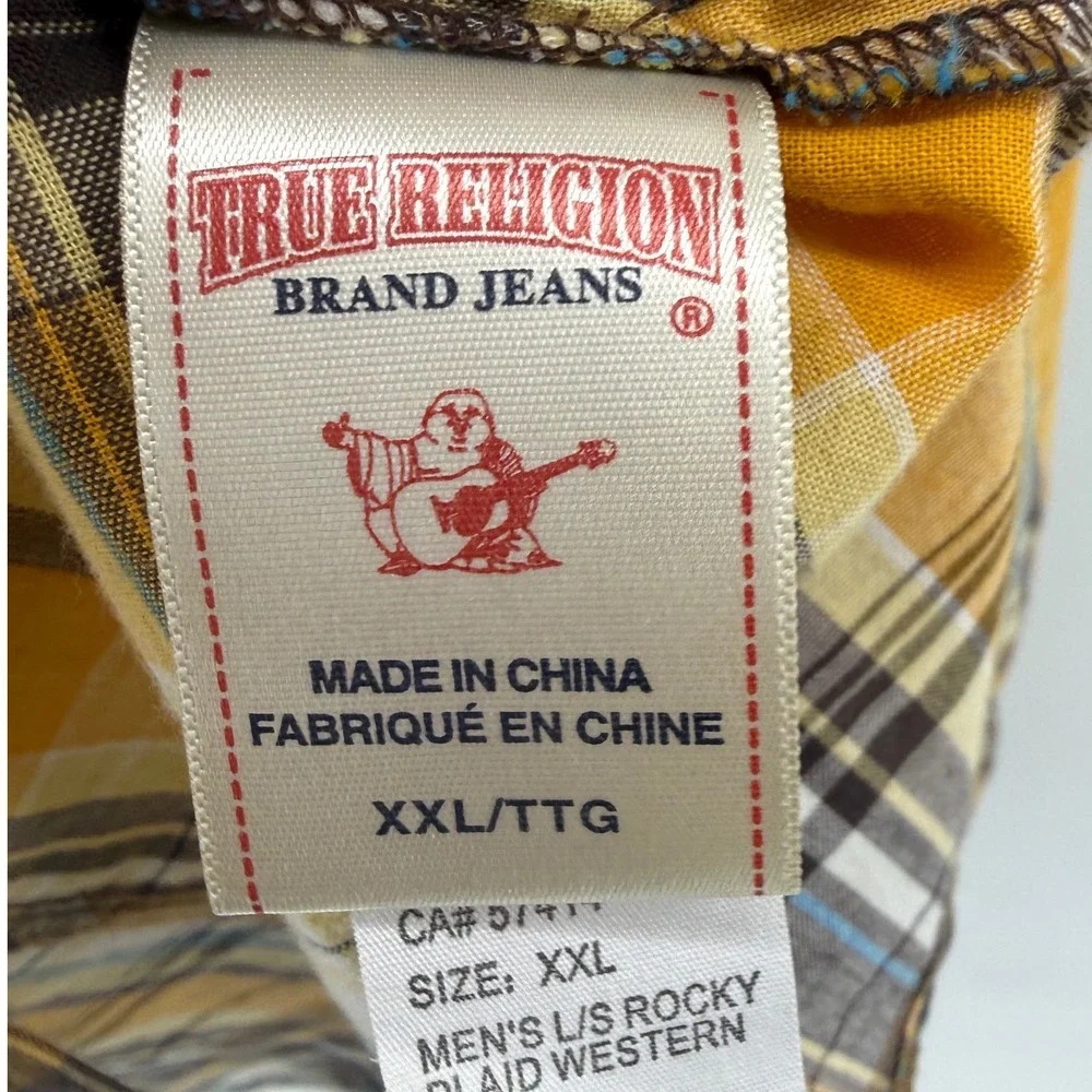 True Religion Mens‎ Rocky Plaid Western Pearl Snap Shirt Yellow Brown XXL Cotton